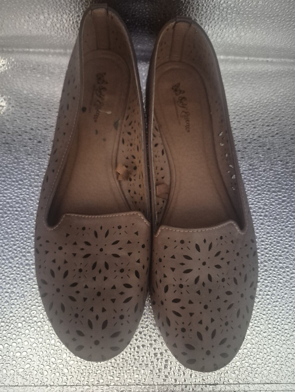 Women's Brown Laser-Cut Slip-On FlatsSelf Esteem Women's Brown Laser Cut Slip On